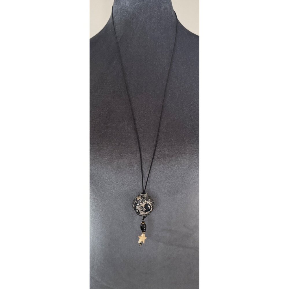 Handcrafted Black Cord Necklace With Moon & Star Ceramic Pendant & Glass Accent